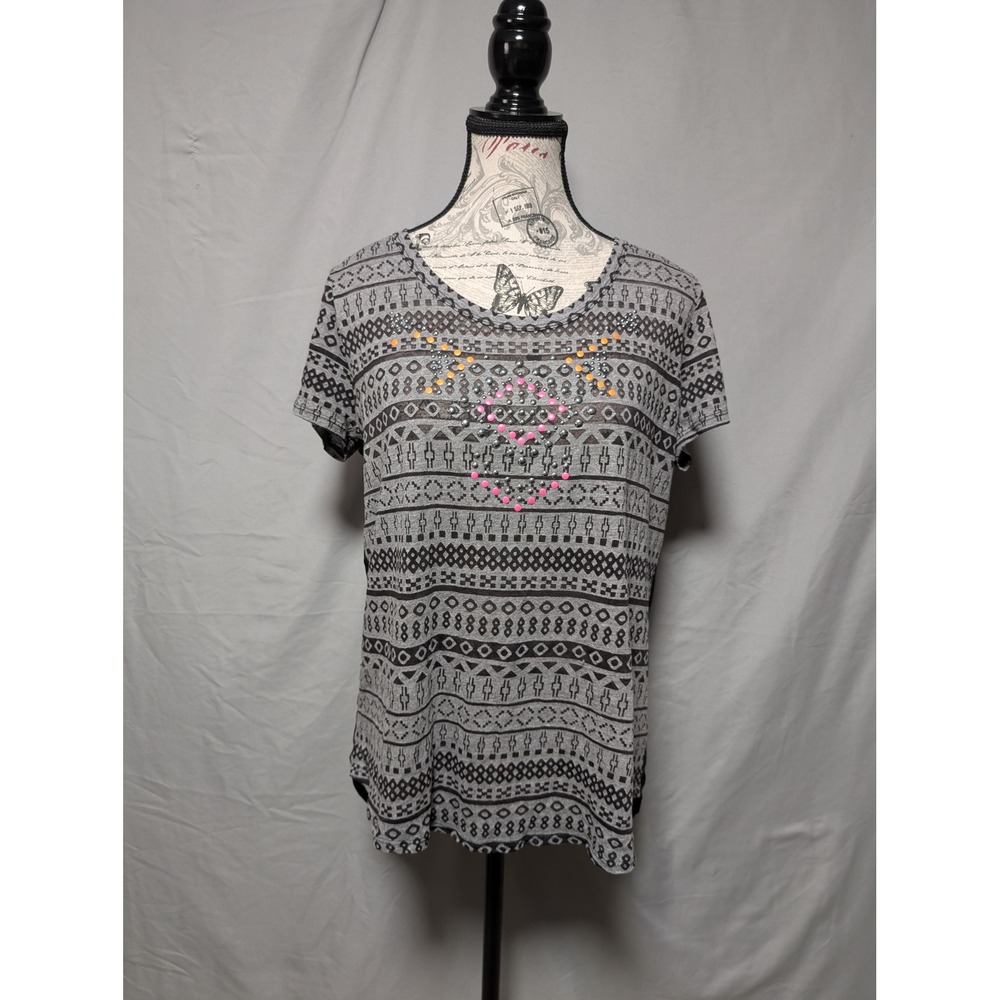 Bongo Gray Geometric Neon Stud Embellished Short Sleeve Hi-Low Cotton Top Large